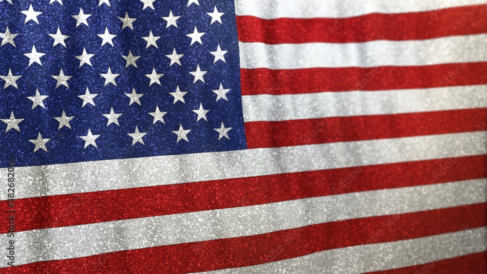 Stars and Stripes in a glamourous and bright style. Fashionable concept 3D illustration of a full-screen glittery national flag of USA seamlessly waving in the wind. Stars and Stripes in a glamourous and bright style. Fashionable concept 3D illustration of a full-screen glittery national flag of USA seamlessly waving in the wind.