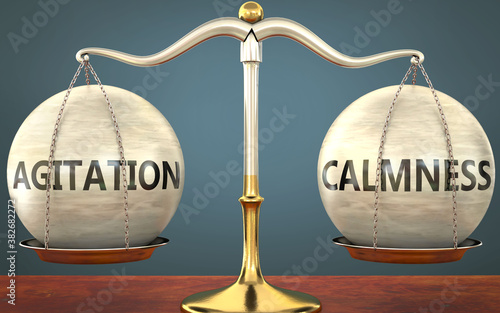 agitation and calmness staying in balance - pictured as a metal scale with weights and labels agitation and calmness to symbolize balance and symmetry of those concepts, 3d illustration photo