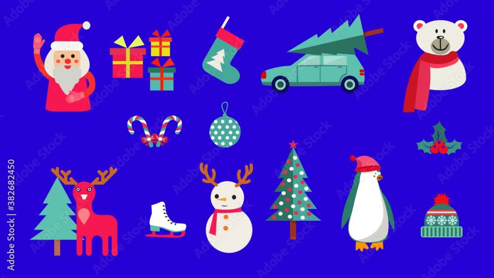 Christmas set icon animated. Moving symbol icons elements on blue background. 4k video animated Christmas set icon animated. Moving symbol icons elements on blue background. 4k video animated