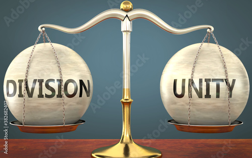 Fototapeta kuchenna division and unity staying in balance - pictured as a metal scale with weights and labels division and unity to symbolize balance and symmetry of those concepts, 3d illustration