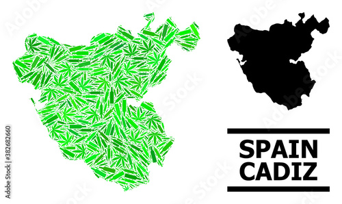 Addiction mosaic and usual map of Cadiz Province. Vector map of Cadiz Province is made with random vaccine symbols, addict and alcoholic bottles.