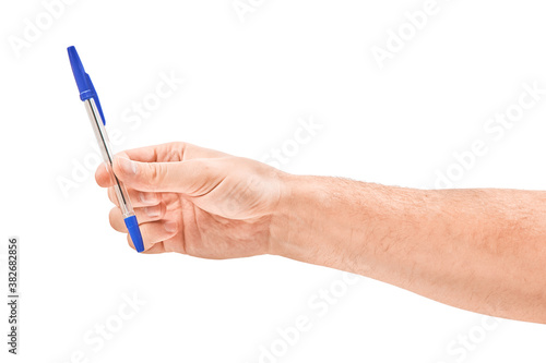 man hand holding pen isolated on white background