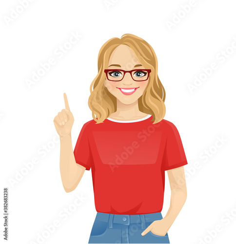 Young cheerful woman with glasses in casual style clothes pointing up isolated vector illustration