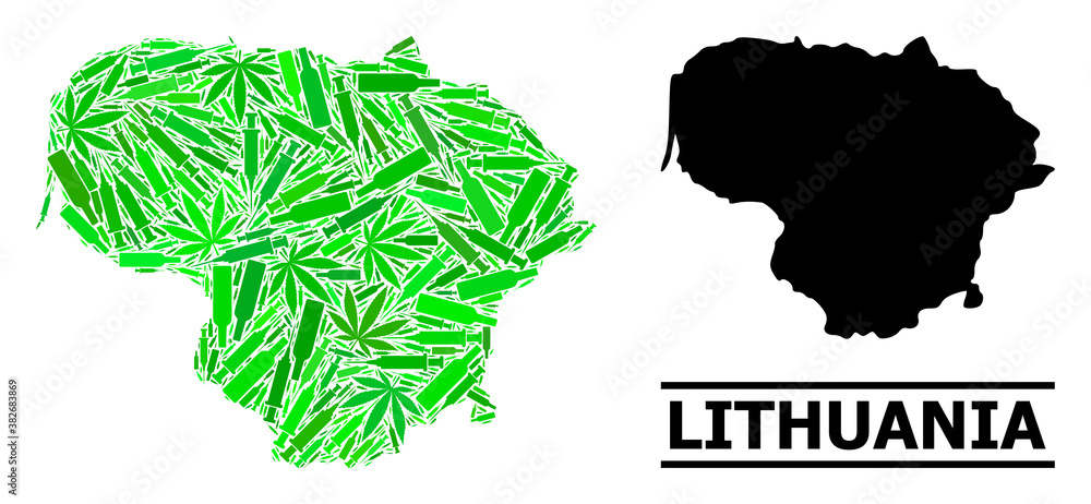 Drugs mosaic and usual map of Lithuania. Vector map of Lithuania is shaped from scattered inoculation icons, ganja and wine bottles. Abstract territory scheme in green colors for map of Lithuania.