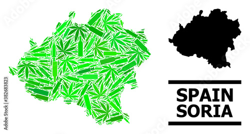 Addiction mosaic and usual map of Soria Province. Vector map of Soria Province is designed of random injection needles, cannabis leaves and alcoholic bottles.
