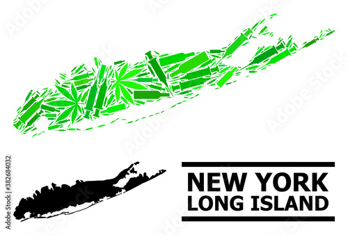 Addiction mosaic and usual map of Long Island. Vector map of Long Island is composed from random syringes, weed and alcoholic bottles. Abstract territorial plan in green colors for map of Long Island.