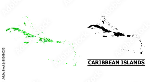 Drugs mosaic and solid map of Caribbean Islands. Vector map of Caribbean Islands is done of random inoculation icons, hemp and wine bottles.