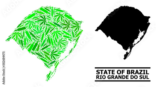 Addiction mosaic and usual map of Rio Grande do Sul State. Vector map of Rio Grande do Sul State is designed of random vaccine doses, narcotic and wine bottles.