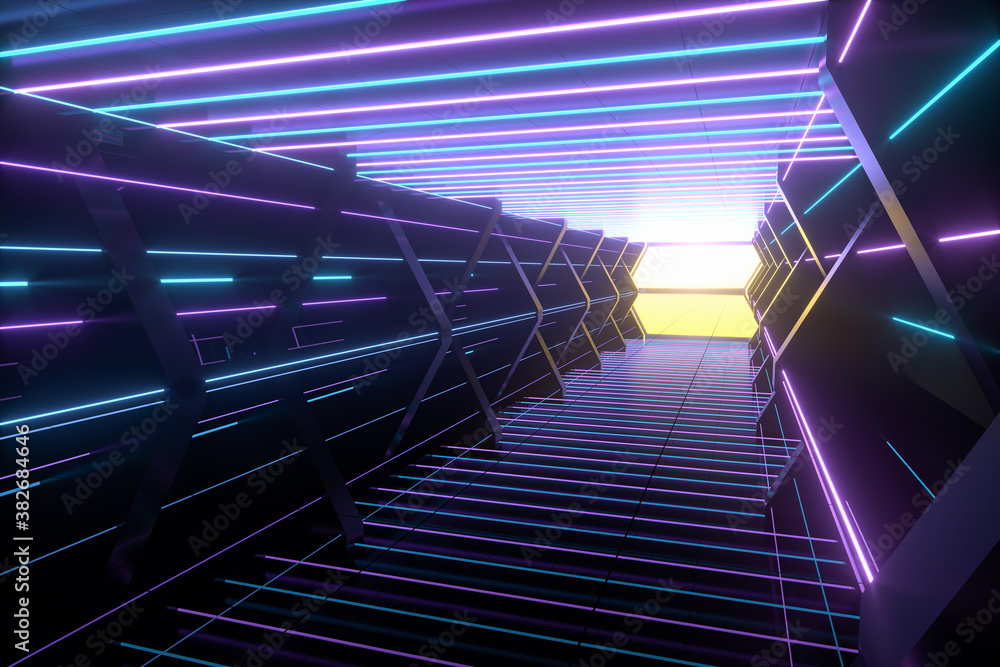 Fototapeta premium Dark spaceship tunnel with glowing lines, 3d rendering.