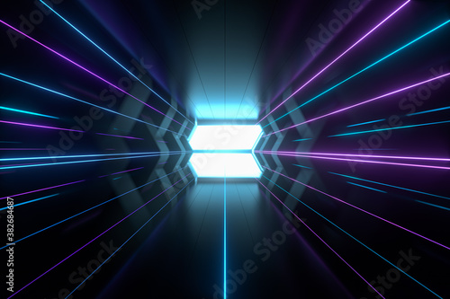 Dark spaceship tunnel with glowing lines, 3d rendering.