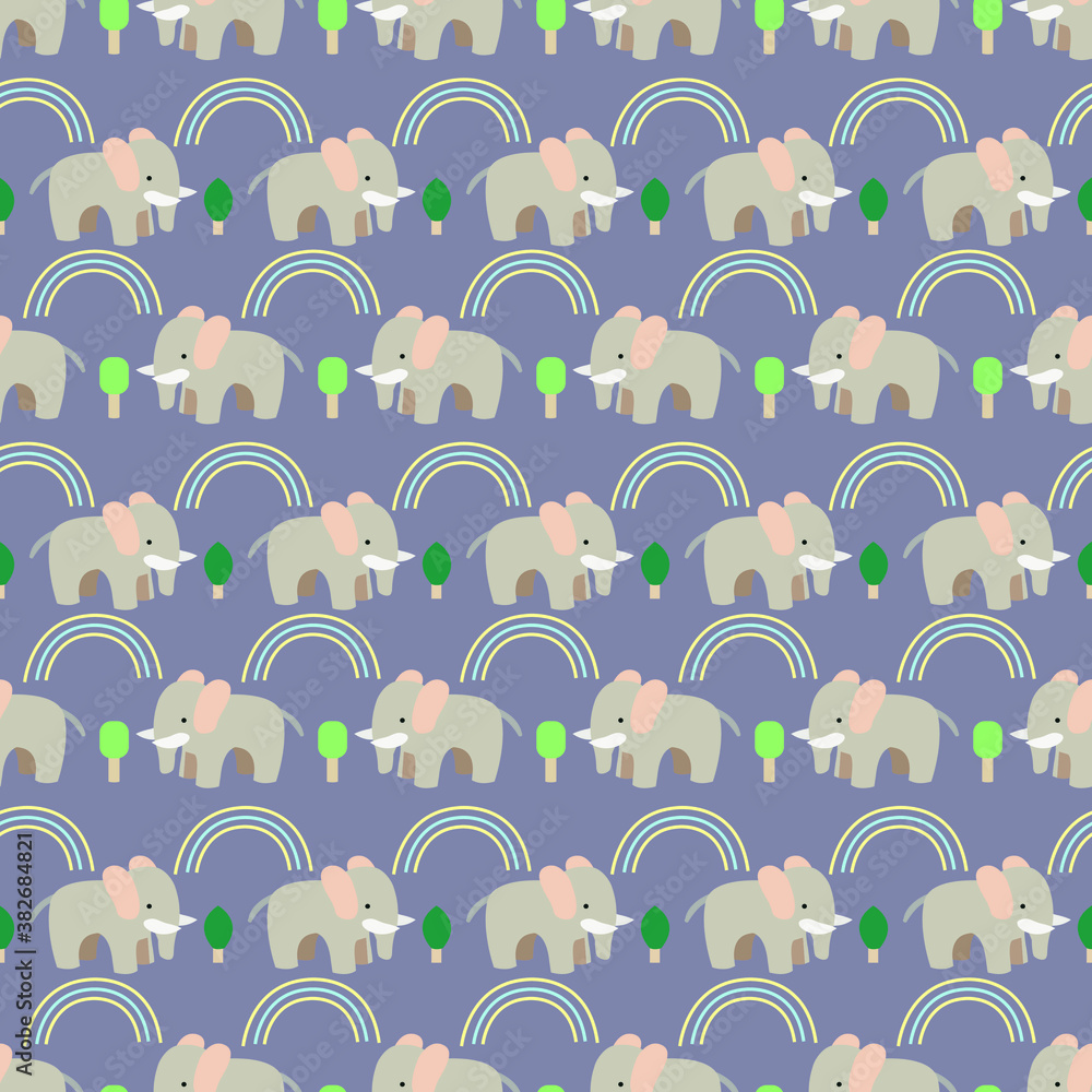 elephant with rainbow and tree with blue background seamless repeat pattern
