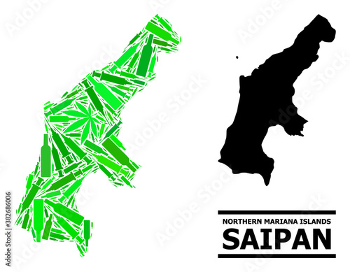 Addiction mosaic and usual map of Saipan Island. Vector map of Saipan Island is made with scattered vaccine symbols, herb and wine bottles.