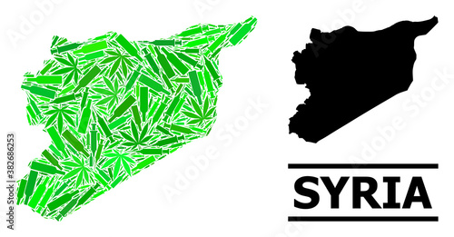 Drugs mosaic and usual map of Syria. Vector map of Syria is created with scattered inoculation icons, herb and alcoholic bottles. Abstract geographic plan in green colors for map of Syria.