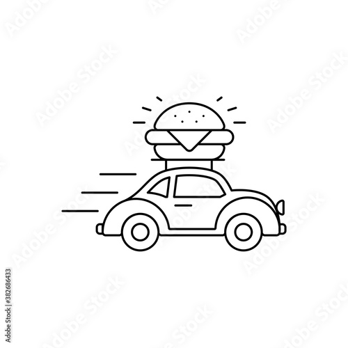 Online food delivery with burger on retro car line icon isolated