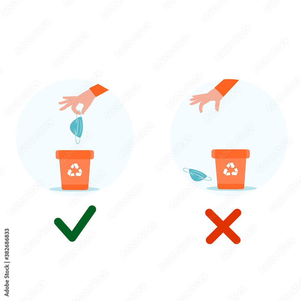 The picture shows how to properly dispose of used medical masks. Used for banners and infographics.
The picture shows how to properly dispose of used medical masks. Used for banners and infographics.