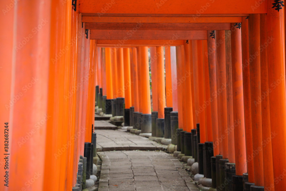 Red gate with Japanese words at Fushimi Inari Taisha, Kyoto, Japan. Red gate with Japanese words at Fushimi Inari Taisha, Kyoto, Japan.