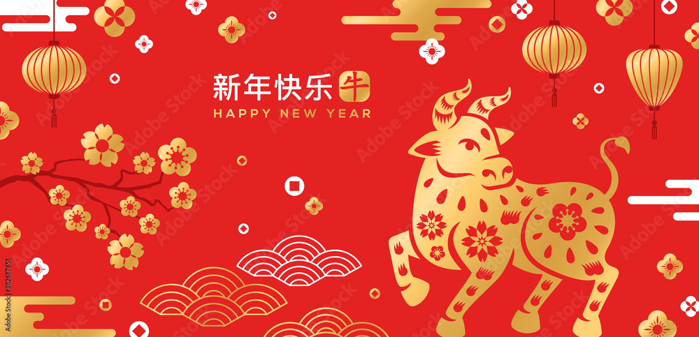 Chinese 2021 New Year Banner. Vector illustration. Zodiac Sign Bull with Flowers, Lanterns and Clouds on Red Background. Sign in Stamp means Ox, Long phrase - Happy New Year