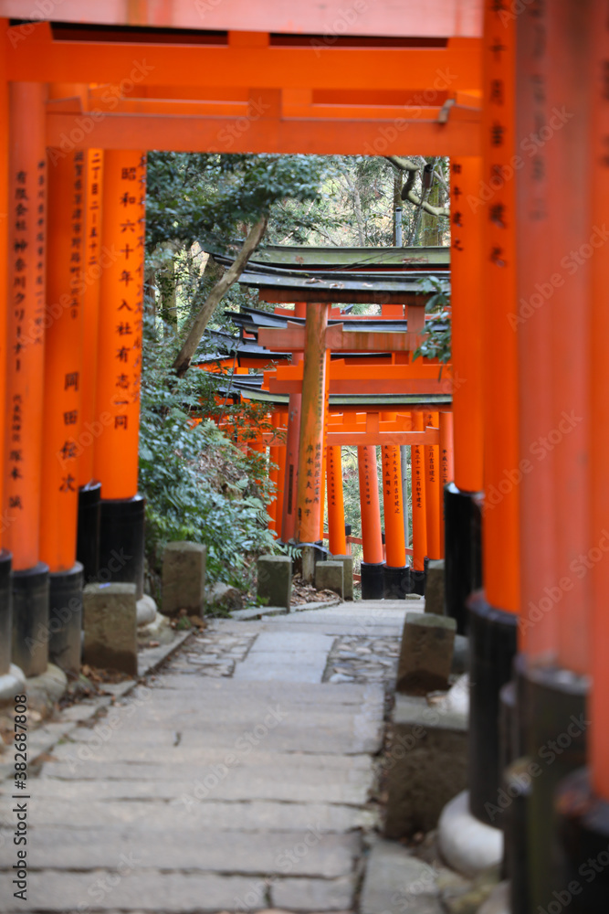 Red gate with Japanese words at Fushimi Inari Taisha, Kyoto, Japan. Red gate with Japanese words at Fushimi Inari Taisha, Kyoto, Japan.