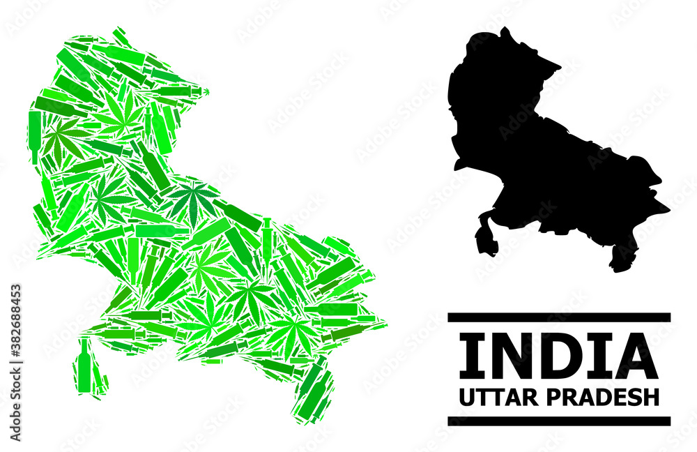 Addiction mosaic and solid map of Uttar Pradesh State. Vector map of Uttar Pradesh State is done of randomized inoculation icons, marijuana and alcohol bottles.