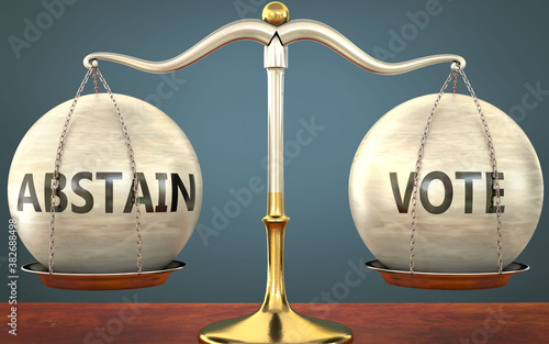 abstain and vote staying in balance - pictured as a metal scale with weights and labels abstain and vote to symbolize balance and symmetry of those concepts, 3d illustration photo