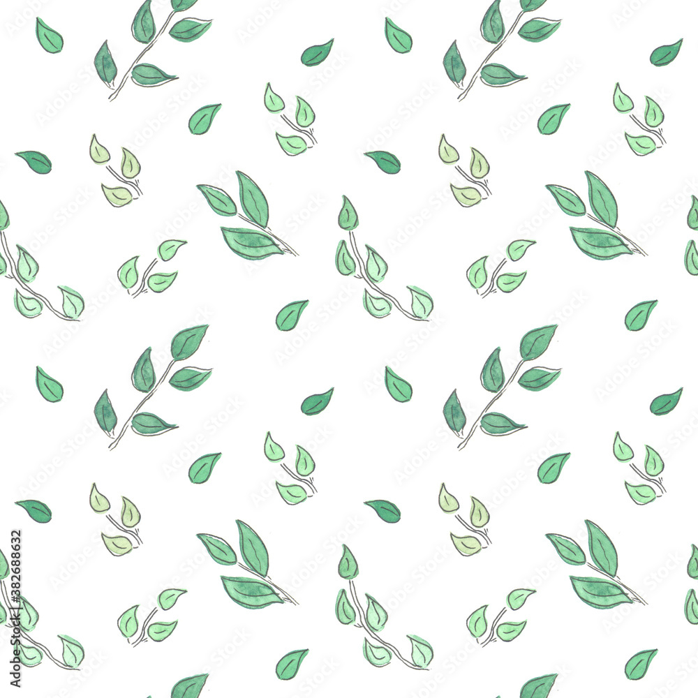 Tender spring branch with young leaves. Watercolor illustration Tender spring branch with young leaves. Watercolor illustration