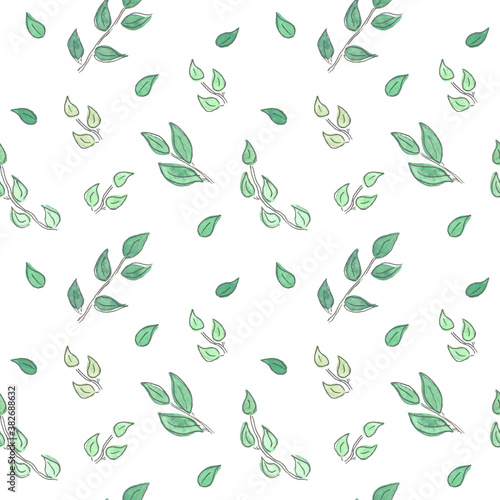 Tender spring branch with young leaves. Watercolor illustration