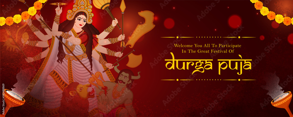 Banner, Poster or web header background design for indian festival  celebration in bengal Happy Durga puja. Stock Vector | Adobe Stock