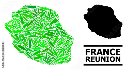 Addiction mosaic and usual map of Reunion Island. Vector map of Reunion Island is composed with random inoculation icons, weed and alcohol bottles.