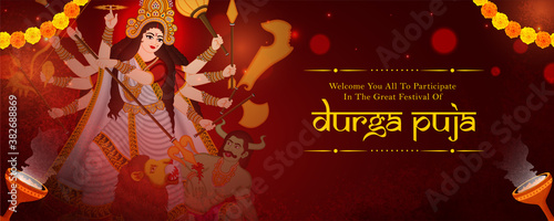 Banner, Poster or web header background design for indian festival celebration in bengal Happy Durga puja.