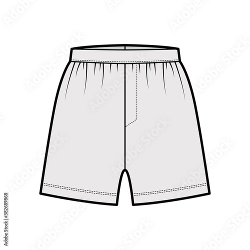 Boxer shorts underwear technical fashion illustration with loose silhouette, elastic band. Flat trunks Underpants lingerie template front, grey color. Women men unisex Kacchera CAD mockup 