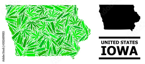 Addiction mosaic and usual map of Iowa State. Vector map of Iowa State is made from randomized injection needles, narcotic and alcohol bottles.