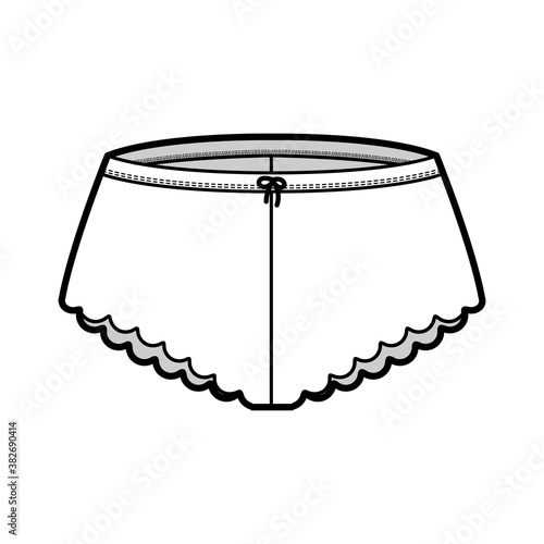 French knickers technical fashion illustration with scalloped edge, elastic waistband. Flat Mini-short panties briefs lingerie template front, white color. Women men unisex underwear CAD mockup