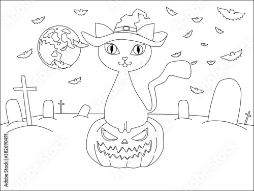 halloween cat witch pumpkin graveyard scene clip art preview