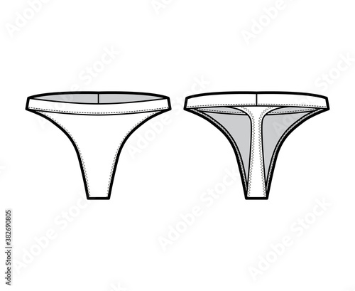 Thong underwear technical fashion illustration with elastic waistband, narrow strip. Flat tanga Underpants lingerie template front, back, white color. Women men unisex swimsuit CAD mockup 