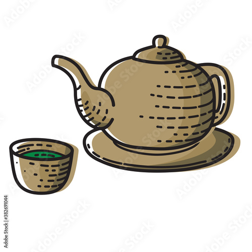Teapot with japanese green tea isolated on white background.