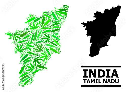Addiction mosaic and solid map of Tamil Nadu State. Vector map of Tamil Nadu State is created with randomized injection needles, hemp and drink bottles.