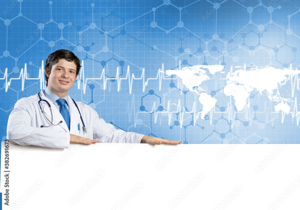 Doctor with banner Doctor with banner