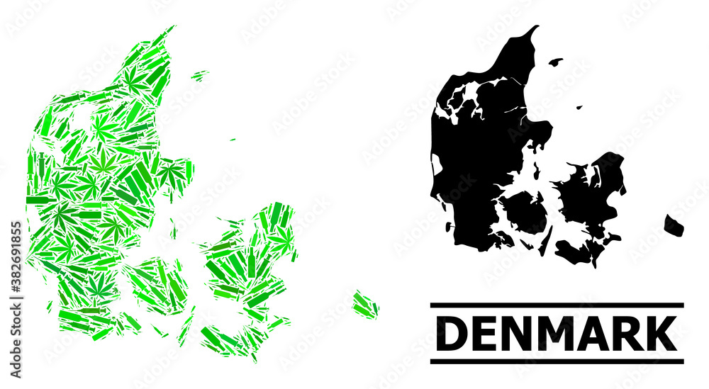 Addiction mosaic and solid map of Denmark. Vector map of Denmark is shaped with randomized vaccine doses, herb and wine bottles. Abstract territorial plan in green colors for map of Denmark. Addiction mosaic and solid map of Denmark. Vector map of Denmark is shaped with randomized vaccine doses, herb and wine bottles. Abstract territorial plan in green colors for map of Denmark.