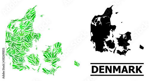 Addiction mosaic and solid map of Denmark. Vector map of Denmark is shaped with randomized vaccine doses  herb and wine bottles. Abstract territorial plan in green colors for map of Denmark.