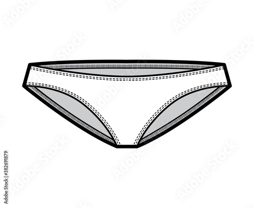 Bikinis technical fashion illustration with elastic waistband, low rise, medium hips coverage. Flat cheekini panties briefs lingerie template front, white color. Women men unisex underwear CAD mockup