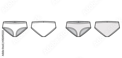 Narrow front Brief underwear technical fashion illustration with elastic waistband, Athletic-style skin-tight. Flat trunks lingerie template front, back white grey color. Women men Jockeys CAD mockup 