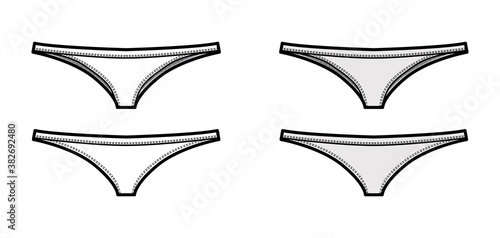 Tangas technical fashion illustration with elastic waistband, low rise, medium hips coverage. Flat Mini briefs lingerie template front, back, white, grey color. Women men unisex underwear CAD mockup