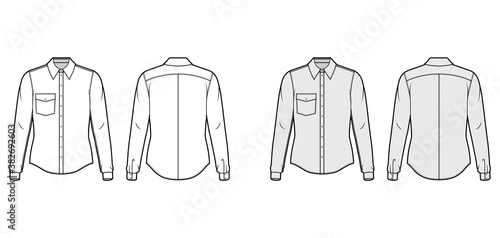 Classic shirt technical fashion illustration with long sleeves  front button-fastening  angled flap pocket  back rounded yoke. Flat template front white grey color. Women men unisex top CAD mockup