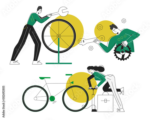 Bicycle repair service concept. Set of modern flat vector illustrations with characters. Bike mechanic in a workshop in the repair process.  Man and woman with a tool.  Isolated on white background