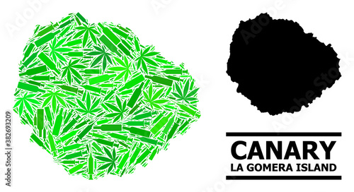 Drugs mosaic and solid map of La Gomera Island. Vector map of La Gomera Island is composed of random injection needles, cannabis and drink bottles.