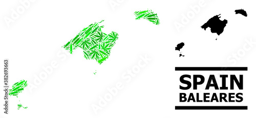Addiction mosaic and usual map of Baleares Province. Vector map of Baleares Province is organized from scattered syringes, cannabis and alcohol bottles.