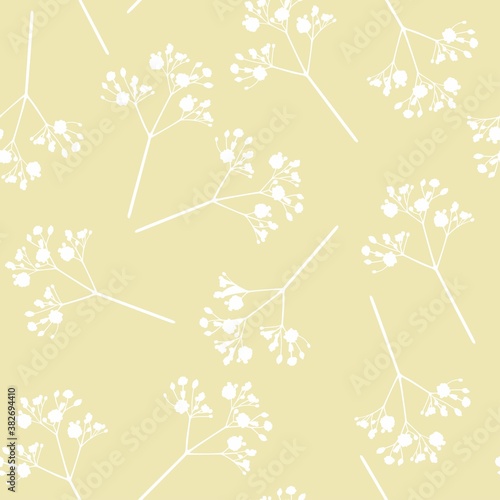 Seamless Floral Background with Blooming flowers silhouette. Wallpaper in simple line style on yellow background. 