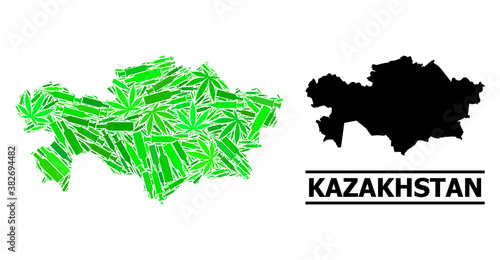 Drugs mosaic and usual map of Kazakhstan. Vector map of Kazakhstan is made from randomized syringes, narcotic and alcoholic bottles. Abstract territorial scheme in green colors for map of Kazakhstan.