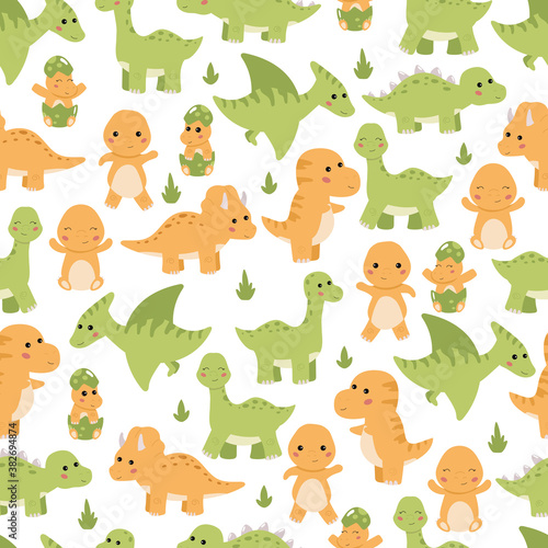 Childish seamless pattern with cute cartoon dinosaurs - Diplodocus, Tyrannosaurus Rex, Stegosaurus and Pterodactyl. Kawaii characters. Baby dinosaur in egg.