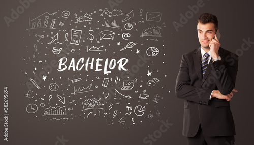 Businessman thinking with BACHELOR inscription, business education concept